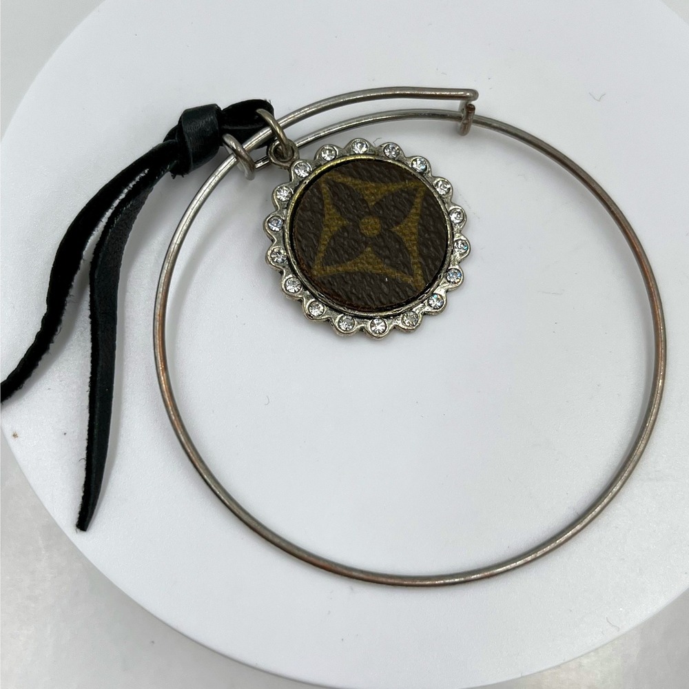 Vintage Repurposed Designer-Inspired Monogram Charm Bangle Bracelet‎ Rhinestone